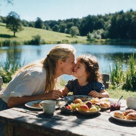 A mother touching noses with her child over breakfast at a lakeside table
