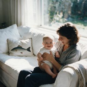 A mother laughing with her smiling baby on a sunlit couch