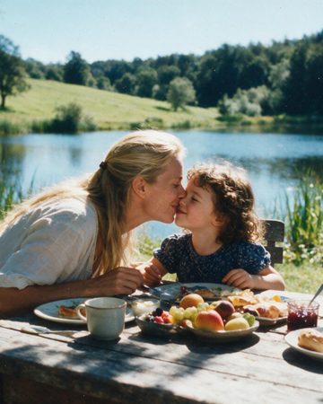 A mother touching noses with her child over breakfast at a lakeside table