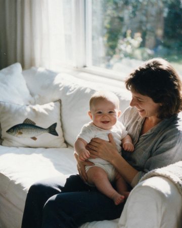 A mother laughing with her smiling baby on a sunlit couch