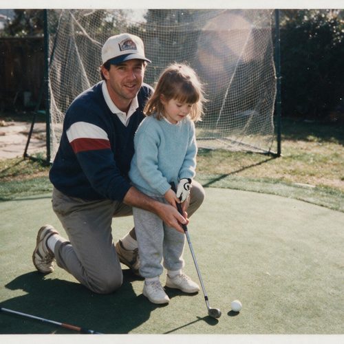 A dad teaching his young daughter to putt in the backyard