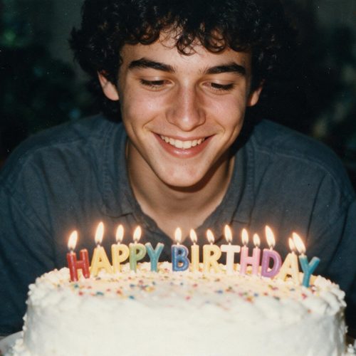 A young man smiling over a lit “Happy Birthday” cake