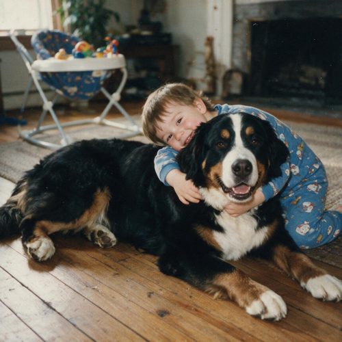 A boy hugging the family's Bernese mountain dog