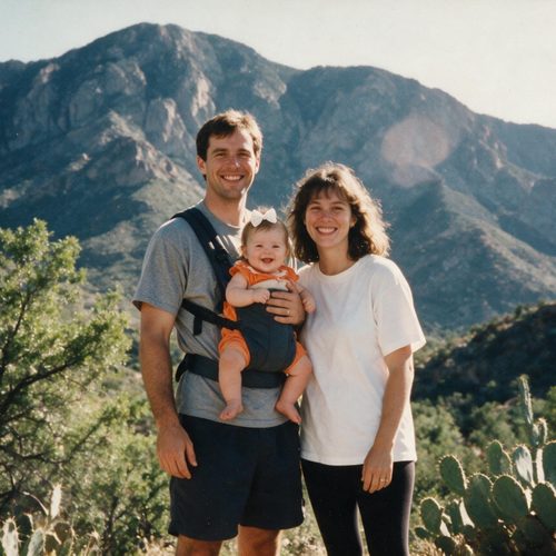 A young family smiling together on a mountain hike