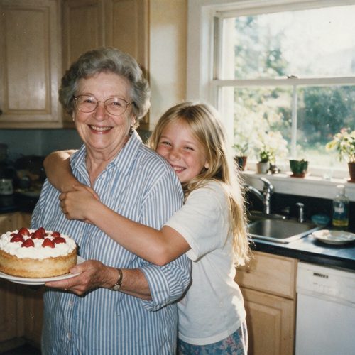 A grandmother holding a strawberry cake, hugged by her granddaughter in the kitchen