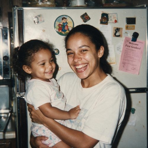 A young mother laughing while holding her toddler in the kitchen
