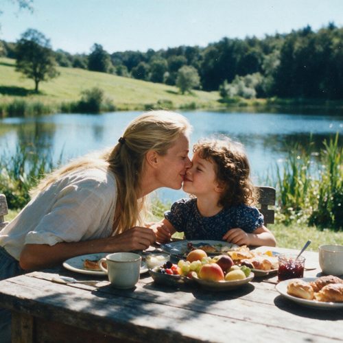 A mother touching noses with her child over a lakeside breakfast