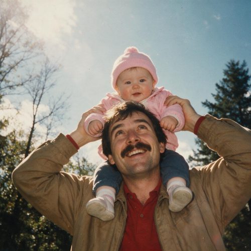 A dad carrying his baby on his shoulders under autumn trees