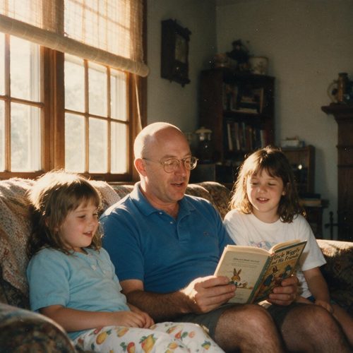A grandfather reading a picture book to two granddaughters on the couch