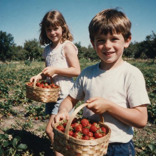 A boy and girl carrying baskets of strawberries