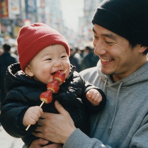 A father holding his giggling baby biting a strawberry skewer on a busy street