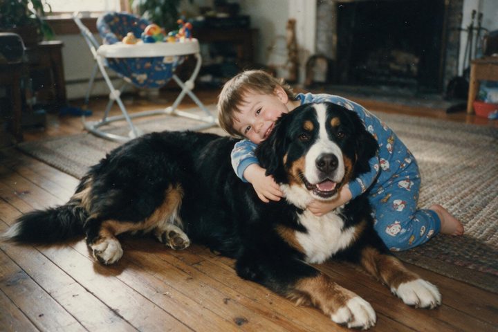 A boy in pyjamas hugging the family's Bernese mountain dog on the living-room floor