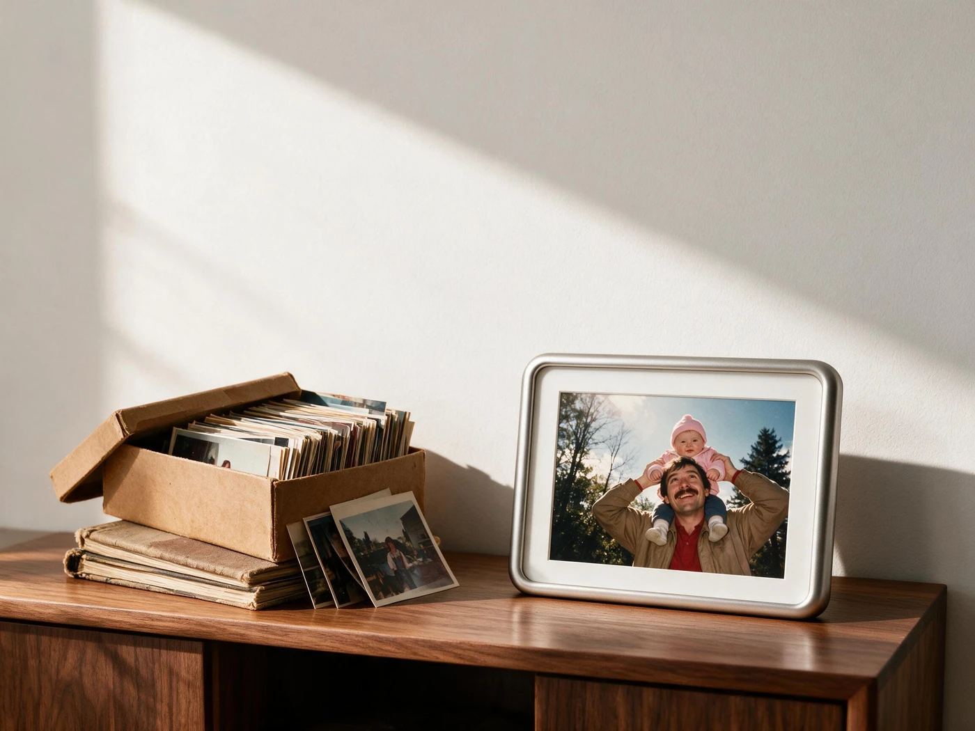 The frame on a sideboard next to a box of old prints
